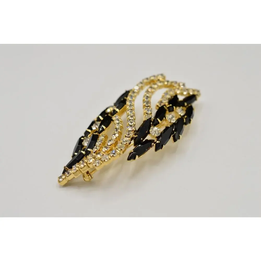 Vintage Prong Crystal Pin Brooch Marquise Rhinestone Black Chunky 1960s BinV
